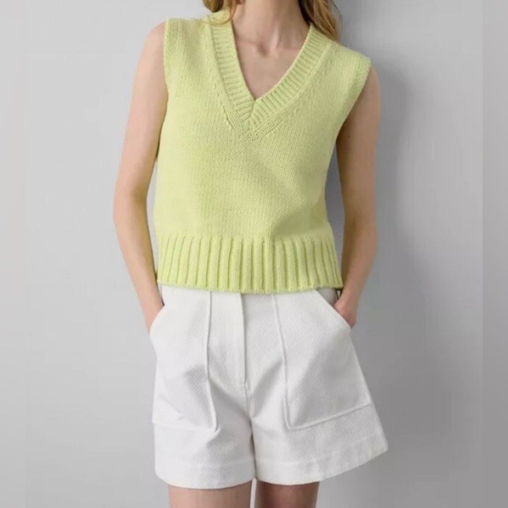 White+Warren Sweater Vest Sz XS Rope Chunky Knit Sleeveless V Neck Lemonlime